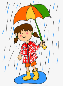手绘卡通可爱插图雨天撑伞走在路素材
