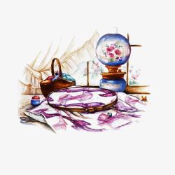中国风刺绣水墨手绘插图素材