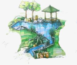 水池庭院树绿色水池高清图片