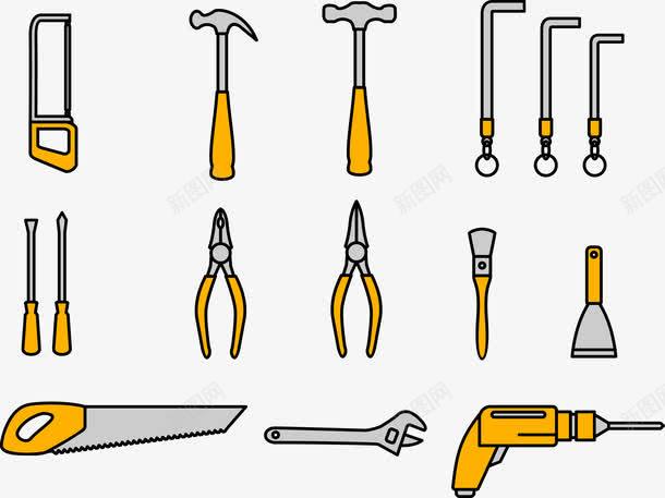 修理维修工具png免抠素材_新图网 https://ixintu.com 刷子 卡通 扳手 电钻 铲子 锤子 锯子 黄色