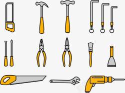 黄色锤子与活动扳手修理维修工具高清图片