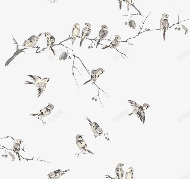 站在树上的一群小鸟png免抠素材_新图网 https://ixintu.com 中国风 小鸟 水墨画 飞起的小鸟