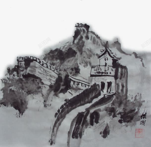 长城国画png免抠素材_新图网 https://ixintu.com 免费下载 国画 水墨长城 水黑画 长城