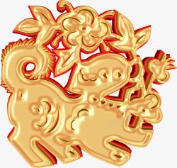 木工平面浮雕中国风金色浮雕狗年图案高清图片