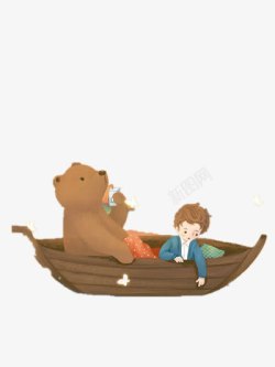 坐在小船中的熊和男孩素材