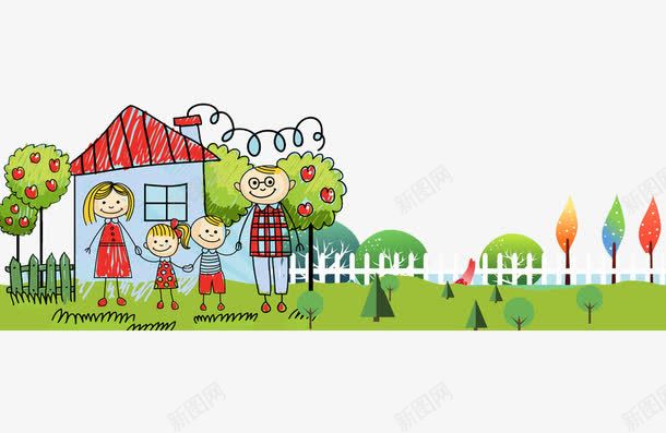 手绘一家人png免抠素材_新图网 https://ixintu.com 一家人 卡通 房子 手绘 植物 绿色 草地