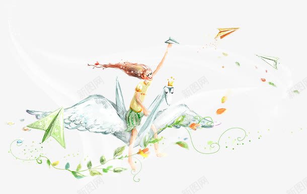 骑着鸟的女孩png免抠素材_新图网 https://ixintu.com 卡通女孩 女孩 手绘女孩 纸飞机 骑鸟