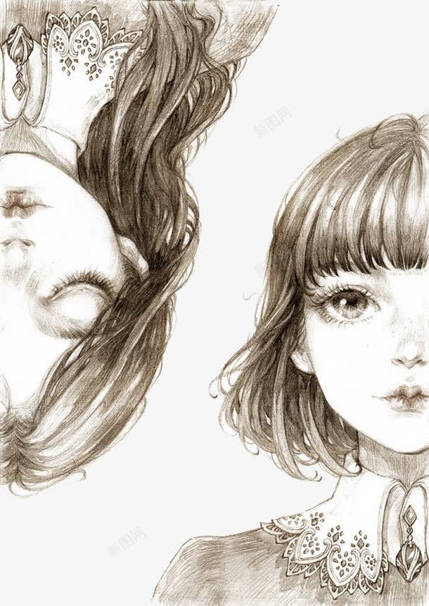 手绘女孩png免抠素材_新图网 https://ixintu.com 卡通女孩 插画 素描 镜像女孩