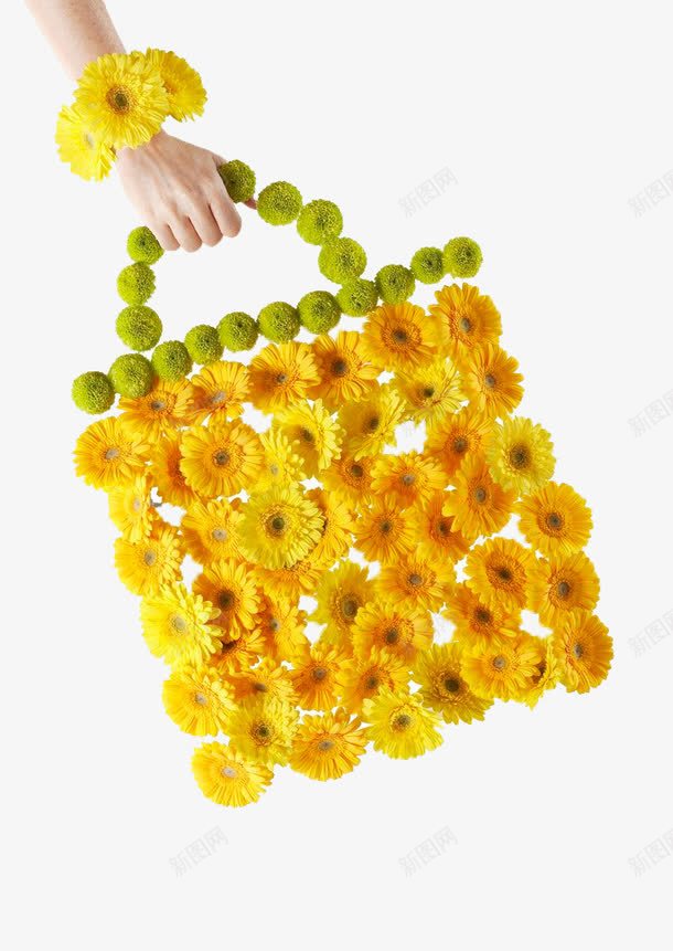 黄色花组成的包png免抠素材_新图网 https://ixintu.com 包包 小黄花 手臂 花朵