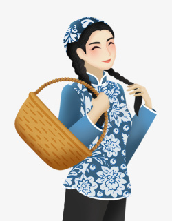 卡通手绘中国风古风背着竹篮的女素材