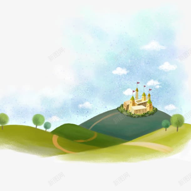 在青山绿水间的城堡png免抠素材_新图网 https://ixintu.com 卡通 城堡 山 绿色 青山