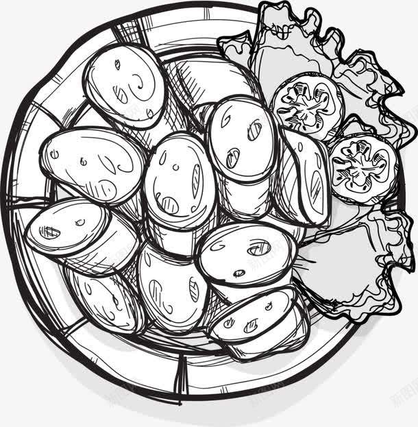 手绘多样食品png免抠素材_新图网 https://ixintu.com 创意 多样食品 小清新盘子 手绘食品 素描盘子 线条