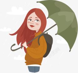 红色头发撑伞女孩素材