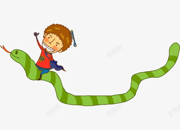 卡通手绘骑绿色蛇小男孩png免抠素材_新图网 https://ixintu.com 卡通的动物 手绘的小男孩 手绘的蛇 绿色的蛇