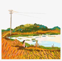 河边田野油画卡通麦田湖泊高清图片