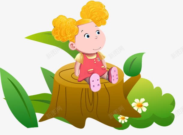 坐在树桩上的女孩png免抠素材_新图网 https://ixintu.com 卡通手绘 女孩 教育装饰 树桩