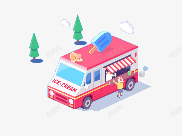 卡通冰淇淋车psd免抠素材_新图网 https://ixintu.com 冰淇淋 卡通冰淇淋车 树