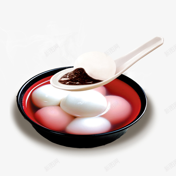 黑红色碗和勺子中的汤圆psd免抠素材_新图网 https://ixintu.com 勺子 汤圆 白色 白色汤圆 碗 红色 食物 黑色