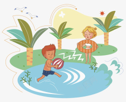 卡通橄榄树夏季水上乐园的的玩耍高清图片