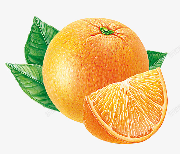 橙子png免抠素材_新图网 https://ixintu.com 切开的橙子 卡通 水果 绿叶 黄橙 黄绿
