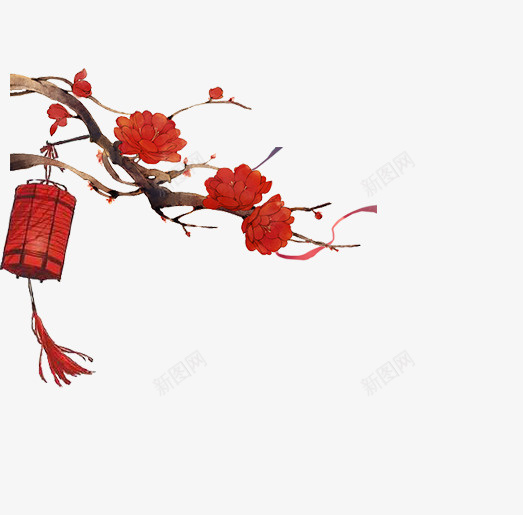 红色的花朵灯笼png免抠素材_新图网 https://ixintu.com 免抠灯笼 免抠红色的花朵灯笼 开花的树枝 树枝 灯笼 红色的花朵