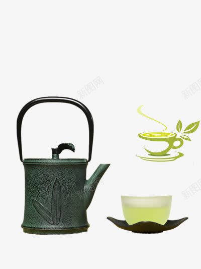 一套茶具png免抠素材_新图网 https://ixintu.com 泡茶 绿茶 透明茶杯 黑色茶壶