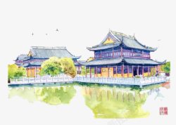 中国建筑插画中国寺庙手绘高清图片