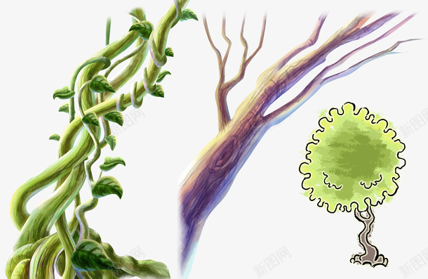 藤条和树干png免抠素材_新图网 https://ixintu.com 手绘 树干 绿色 藤条