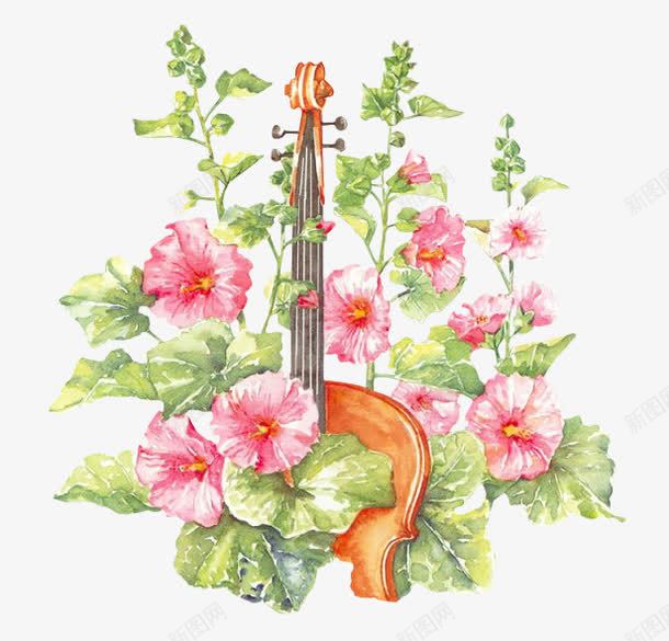 花中大提琴png免抠素材_新图网 https://ixintu.com 卡通 大提琴 粉色 花