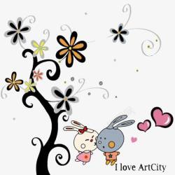 爱心墙贴树下的小兔高清图片