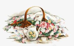 系小清新手绘茶壶与鲜花素材