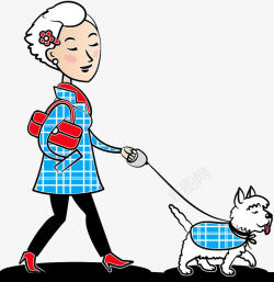 可爱插图牵着小狗走路的女孩素材