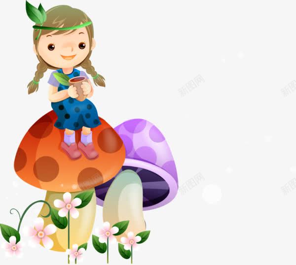 坐在蘑菇上的女孩png免抠素材_新图网 https://ixintu.com 卡通 女孩 花 蘑菇