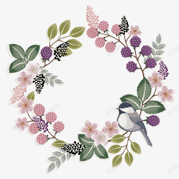 花环装饰png免抠素材_新图网 https://ixintu.com 叶子 小鸟 植物 矢量装饰 花环 装饰