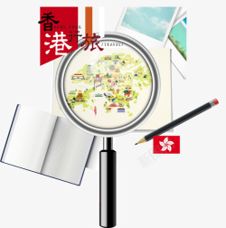 手绘放大镜里的香港旅游景点分布素材
