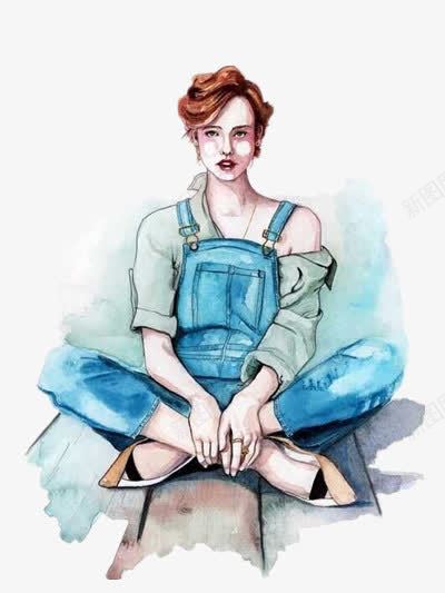 穿蓝色背带裤的女孩png免抠素材_新图网 https://ixintu.com 手绘 插画 装饰