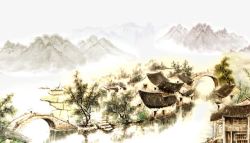 手绘中国风小桥流水背景素材
