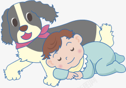 卡通插图小孩与小狗靠着睡觉素材