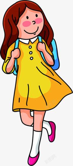 黄衣女孩背着蓝色书包卡通素材