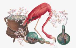 红色的鹤和花瓶图案素材