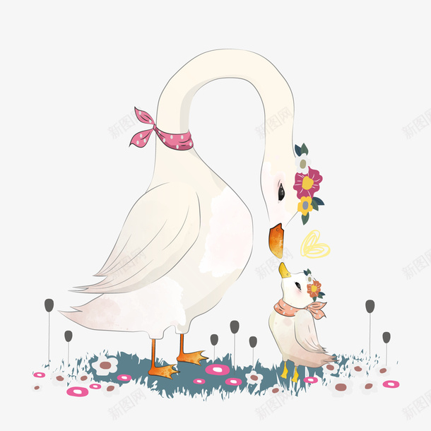 手绘天鹅动物png免抠素材_新图网 https://ixintu.com 卡通天鹅 手绘动物 背景装饰 花卉植物