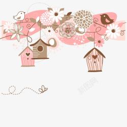 手绘粉色鲜花与鸟窝素材