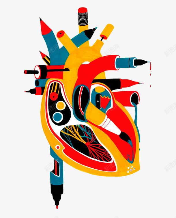 手绘插满笔的心脏png免抠素材_新图网 https://ixintu.com 创意插图 手绘心脏 插满笔的心脏