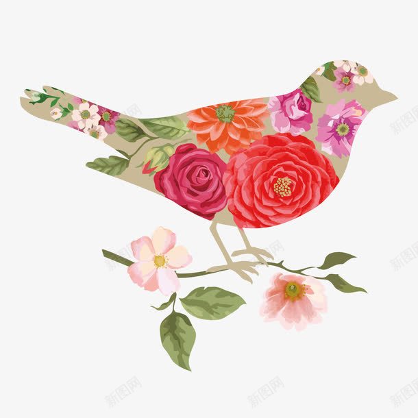 用花填充的小鸟png免抠素材_新图网 https://ixintu.com 动物 花 装饰 鸟