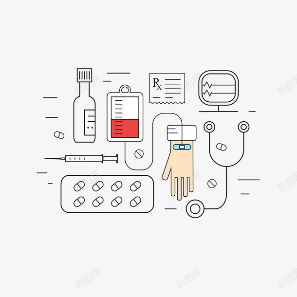 黑色线条卡通献血png免抠素材_新图网 https://ixintu.com 卡通 卡通献血 听诊器 献血 献血卡通 简约 线条 血袋 针筒 黑色 黑色线条