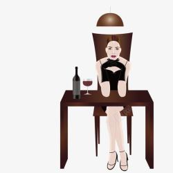 坐在木质桌椅上喝红酒的女郎素材