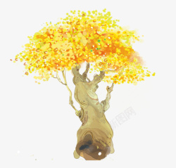 黄色水彩手绘大树装饰图案素材