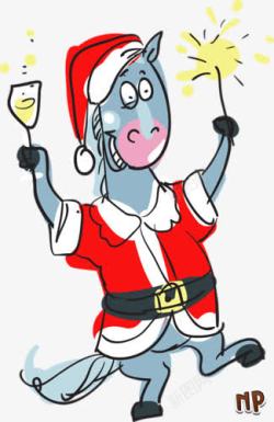 圣诞小马卡通绘画圣诞节蓝色小马高清图片