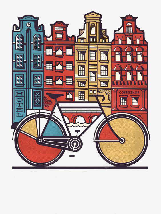 手绘城市与自行车png免抠素材_新图网 https://ixintu.com 卡通 手绘 手绘城市 手绘自行车
