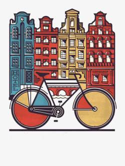手绘城市与自行车素材